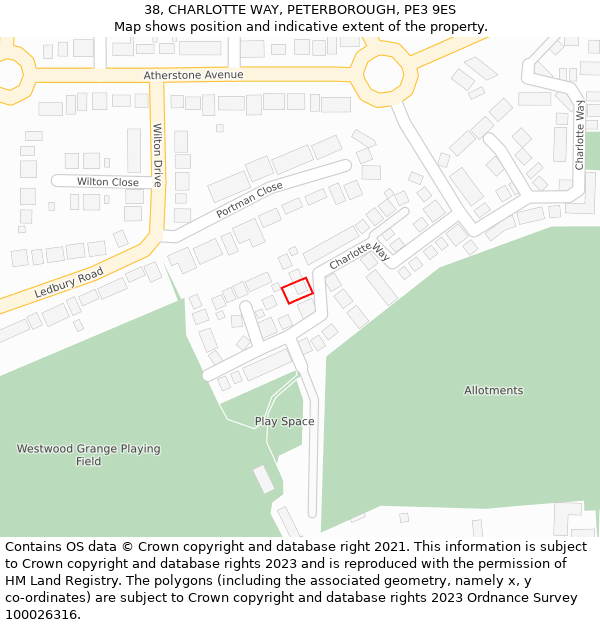 38, CHARLOTTE WAY, PETERBOROUGH, PE3 9ES: Location map and indicative extent of plot