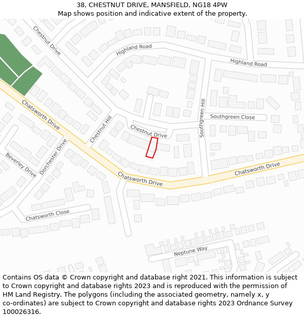 38, CHESTNUT DRIVE, MANSFIELD, NG18 4PW: Location map and indicative extent of plot