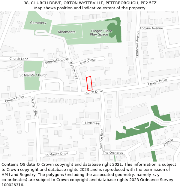 38, CHURCH DRIVE, ORTON WATERVILLE, PETERBOROUGH, PE2 5EZ: Location map and indicative extent of plot