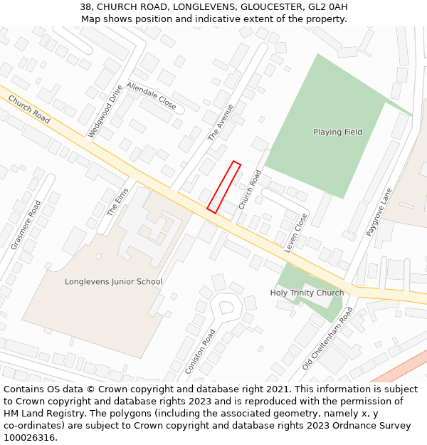 38, CHURCH ROAD, LONGLEVENS, GLOUCESTER, GL2 0AH: Location map and indicative extent of plot