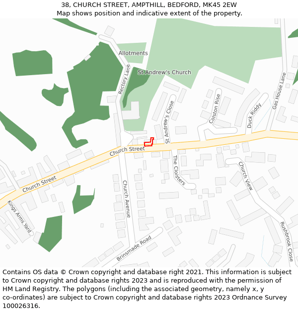 38, CHURCH STREET, AMPTHILL, BEDFORD, MK45 2EW: Location map and indicative extent of plot