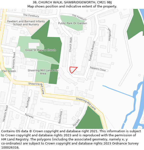 38, CHURCH WALK, SAWBRIDGEWORTH, CM21 9BJ: Location map and indicative extent of plot