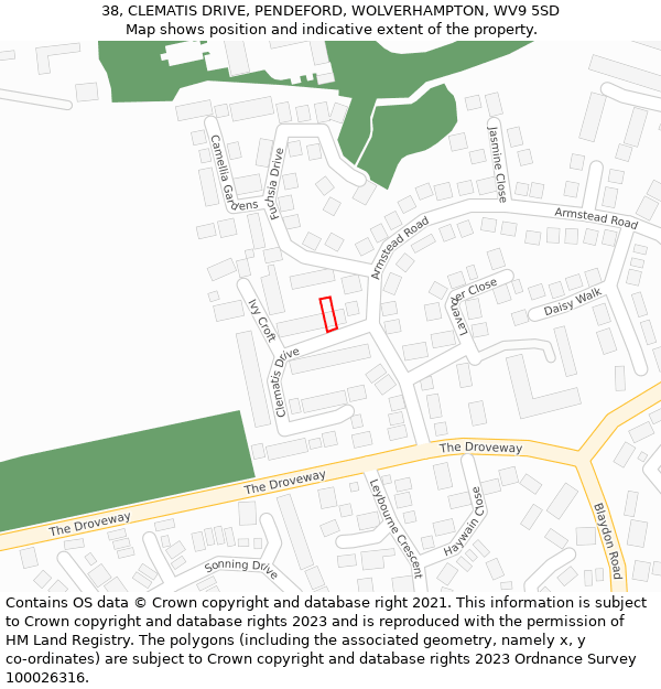 38, CLEMATIS DRIVE, PENDEFORD, WOLVERHAMPTON, WV9 5SD: Location map and indicative extent of plot