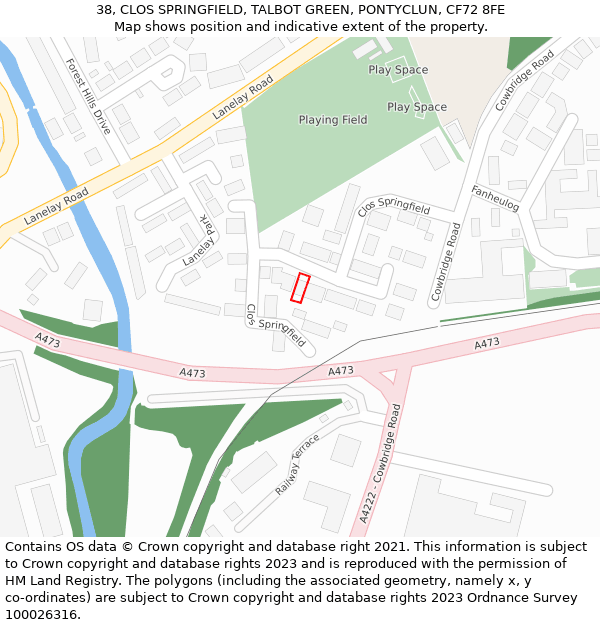 38, CLOS SPRINGFIELD, TALBOT GREEN, PONTYCLUN, CF72 8FE: Location map and indicative extent of plot