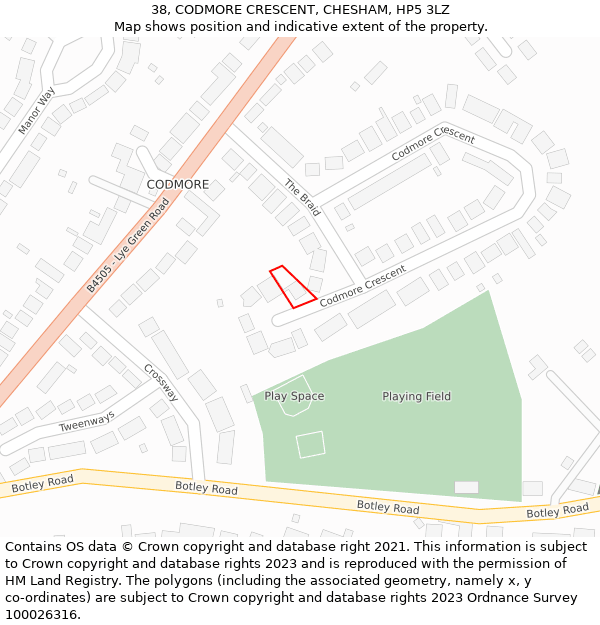 38, CODMORE CRESCENT, CHESHAM, HP5 3LZ: Location map and indicative extent of plot