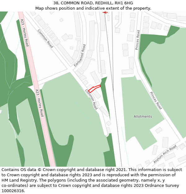38, COMMON ROAD, REDHILL, RH1 6HG: Location map and indicative extent of plot