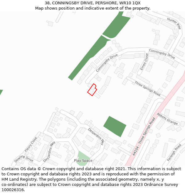 38, CONNINGSBY DRIVE, PERSHORE, WR10 1QX: Location map and indicative extent of plot