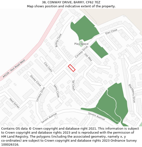 38, CONWAY DRIVE, BARRY, CF62 7EZ: Location map and indicative extent of plot