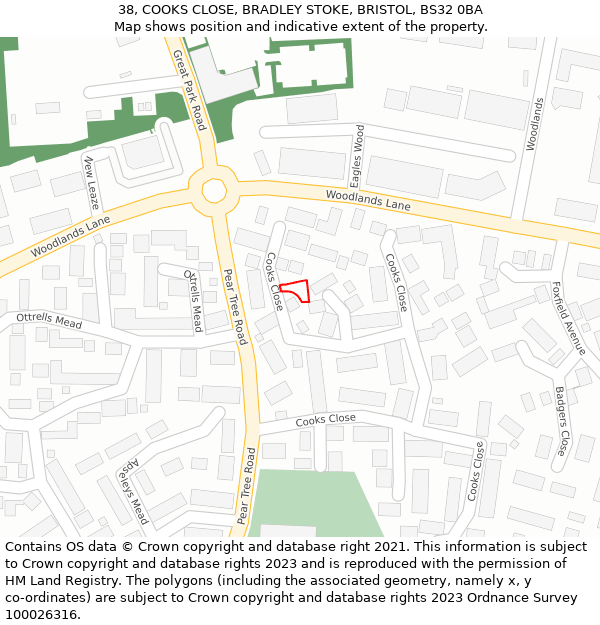 38, COOKS CLOSE, BRADLEY STOKE, BRISTOL, BS32 0BA: Location map and indicative extent of plot