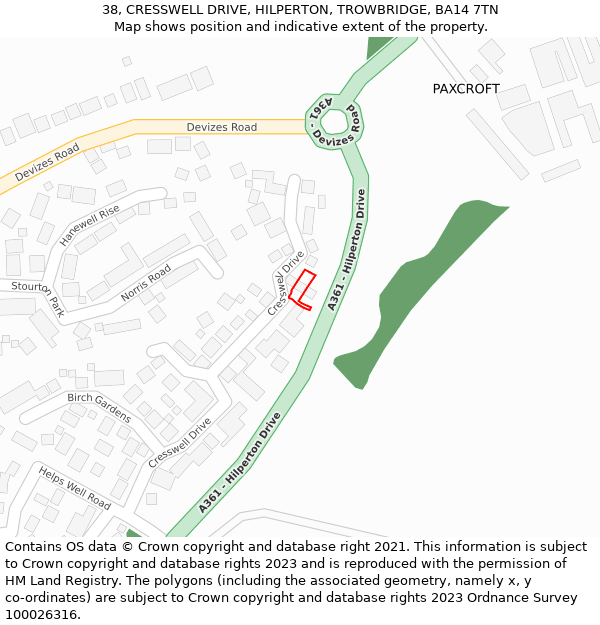 38, CRESSWELL DRIVE, HILPERTON, TROWBRIDGE, BA14 7TN: Location map and indicative extent of plot