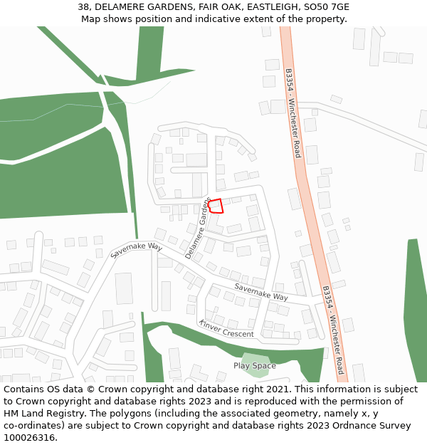 38, DELAMERE GARDENS, FAIR OAK, EASTLEIGH, SO50 7GE: Location map and indicative extent of plot