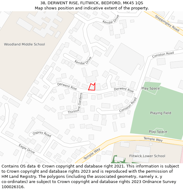 38, DERWENT RISE, FLITWICK, BEDFORD, MK45 1QS: Location map and indicative extent of plot