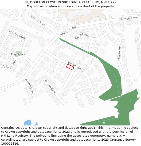 38, DOULTON CLOSE, DESBOROUGH, KETTERING, NN14 2XX: Location map and indicative extent of plot