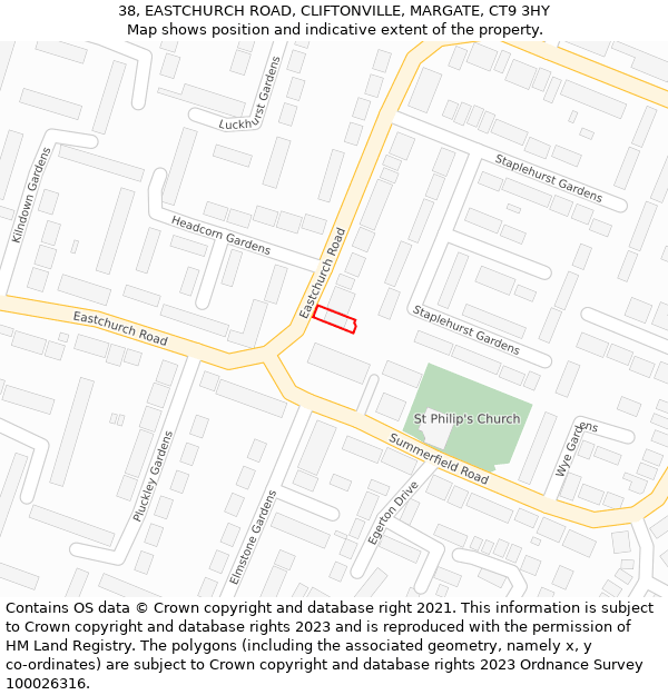 38, EASTCHURCH ROAD, CLIFTONVILLE, MARGATE, CT9 3HY: Location map and indicative extent of plot