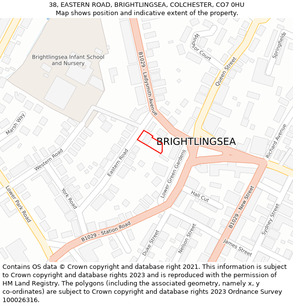 38, EASTERN ROAD, BRIGHTLINGSEA, COLCHESTER, CO7 0HU: Location map and indicative extent of plot