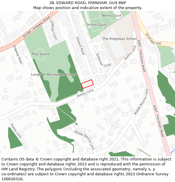 38, EDWARD ROAD, FARNHAM, GU9 8NP: Location map and indicative extent of plot