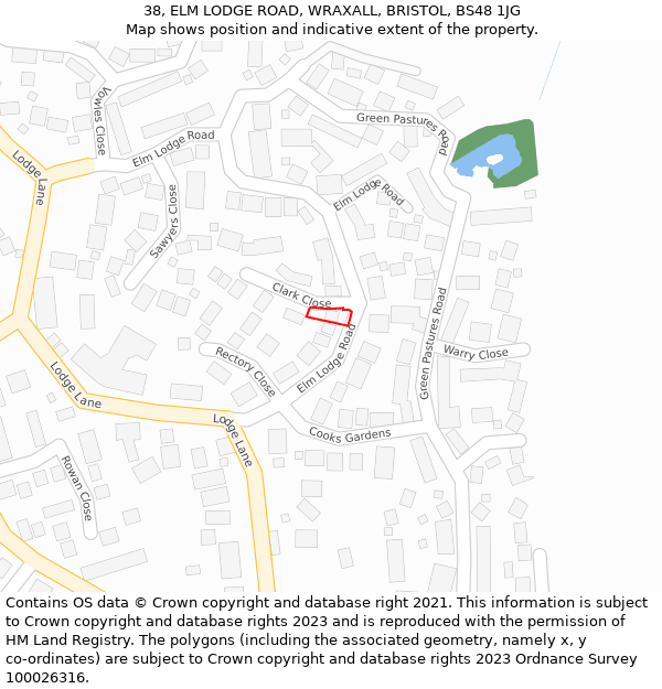 38, ELM LODGE ROAD, WRAXALL, BRISTOL, BS48 1JG: Location map and indicative extent of plot