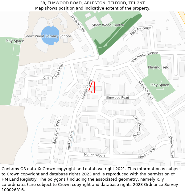 38, ELMWOOD ROAD, ARLESTON, TELFORD, TF1 2NT: Location map and indicative extent of plot