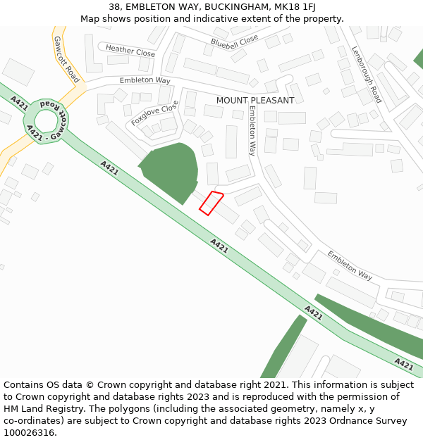 38, EMBLETON WAY, BUCKINGHAM, MK18 1FJ: Location map and indicative extent of plot