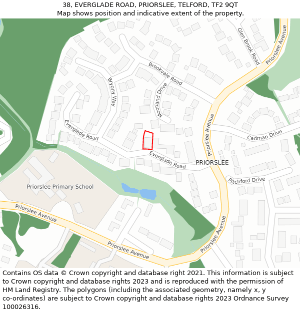 38, EVERGLADE ROAD, PRIORSLEE, TELFORD, TF2 9QT: Location map and indicative extent of plot