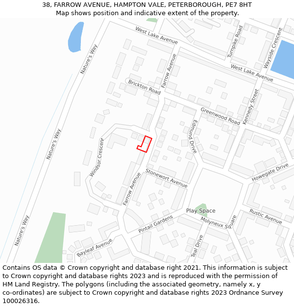 38, FARROW AVENUE, HAMPTON VALE, PETERBOROUGH, PE7 8HT: Location map and indicative extent of plot