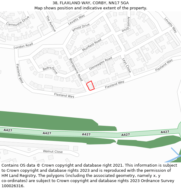 38, FLAXLAND WAY, CORBY, NN17 5GA: Location map and indicative extent of plot