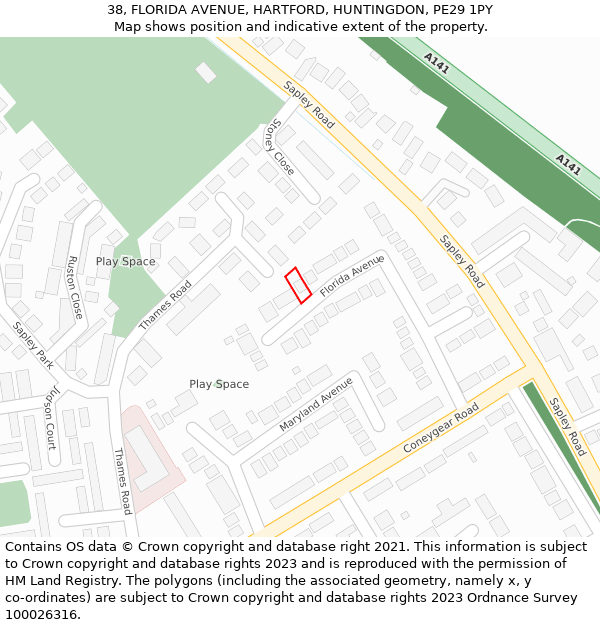 38, FLORIDA AVENUE, HARTFORD, HUNTINGDON, PE29 1PY: Location map and indicative extent of plot