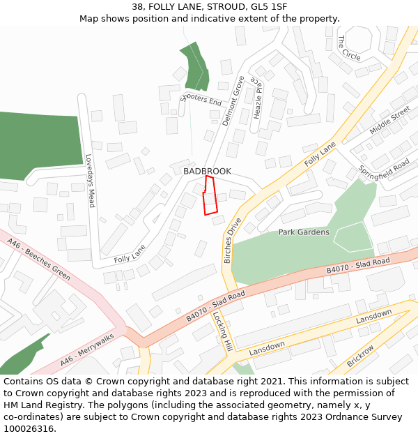 38, FOLLY LANE, STROUD, GL5 1SF: Location map and indicative extent of plot