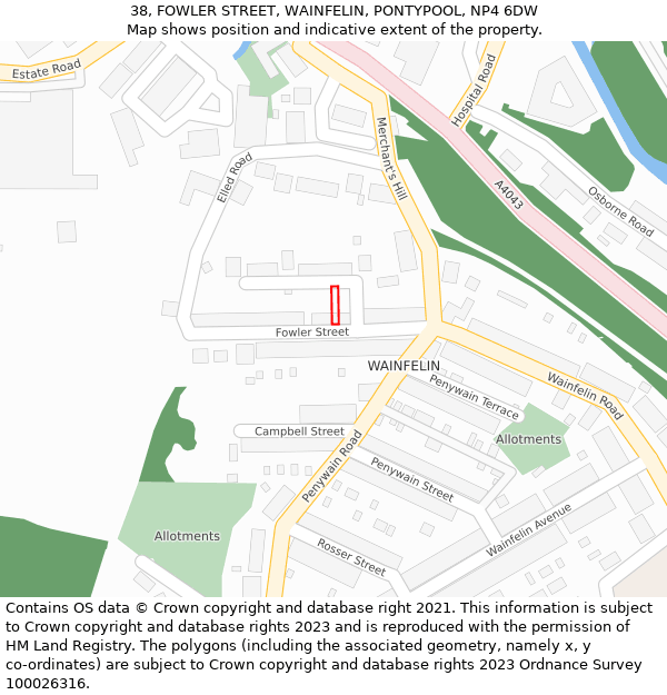 38, FOWLER STREET, WAINFELIN, PONTYPOOL, NP4 6DW: Location map and indicative extent of plot