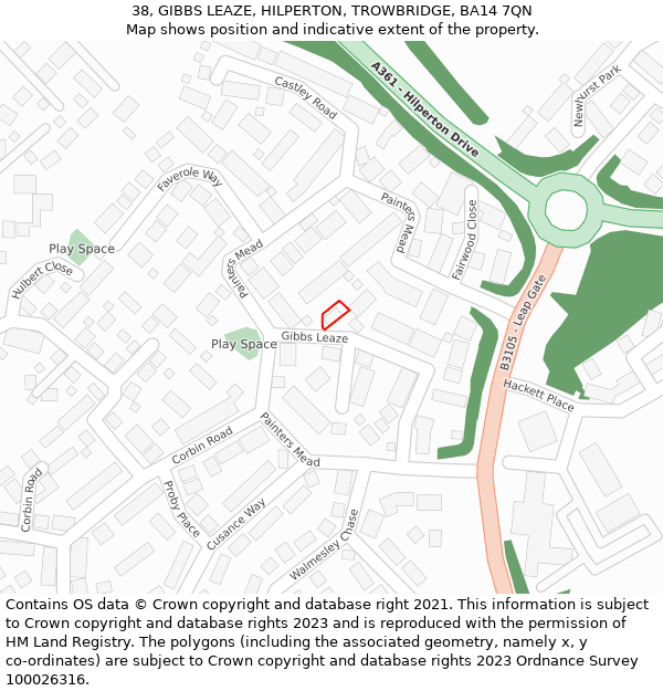 38, GIBBS LEAZE, HILPERTON, TROWBRIDGE, BA14 7QN: Location map and indicative extent of plot