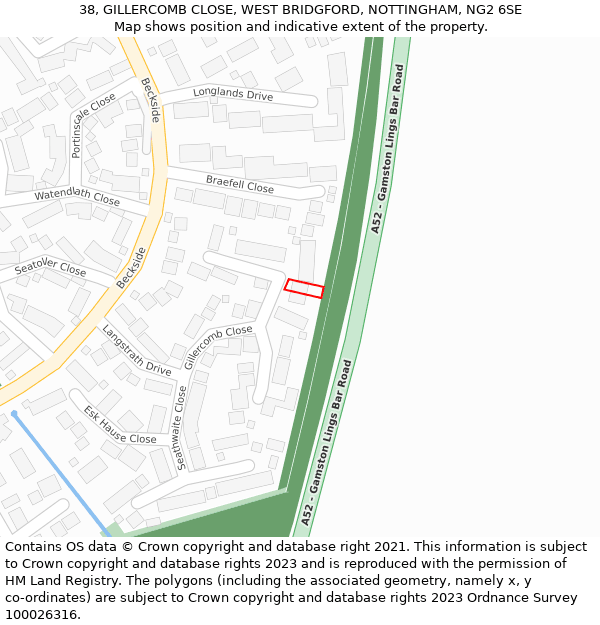 38, GILLERCOMB CLOSE, WEST BRIDGFORD, NOTTINGHAM, NG2 6SE: Location map and indicative extent of plot