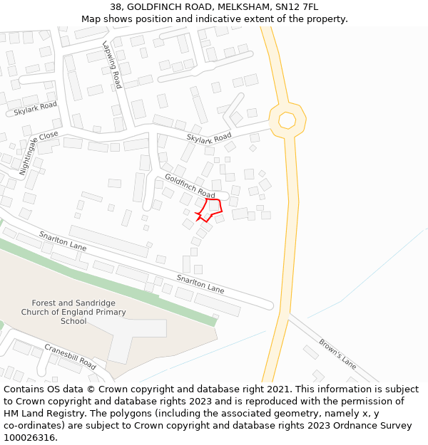 38, GOLDFINCH ROAD, MELKSHAM, SN12 7FL: Location map and indicative extent of plot