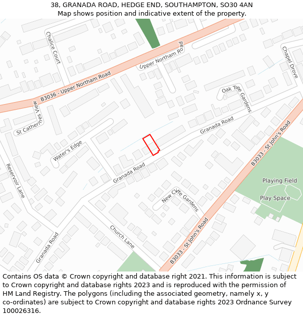 38, GRANADA ROAD, HEDGE END, SOUTHAMPTON, SO30 4AN: Location map and indicative extent of plot