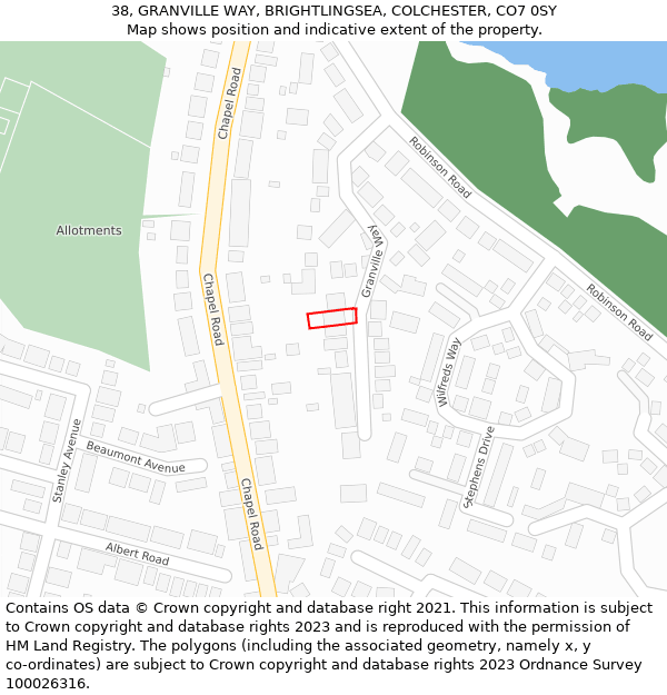 38, GRANVILLE WAY, BRIGHTLINGSEA, COLCHESTER, CO7 0SY: Location map and indicative extent of plot