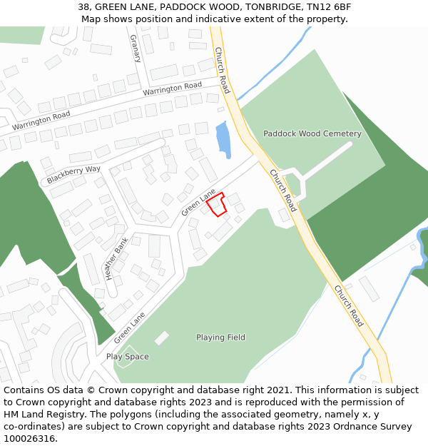 38, GREEN LANE, PADDOCK WOOD, TONBRIDGE, TN12 6BF: Location map and indicative extent of plot