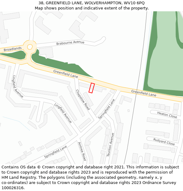38, GREENFIELD LANE, WOLVERHAMPTON, WV10 6PQ: Location map and indicative extent of plot