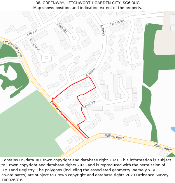 38, GREENWAY, LETCHWORTH GARDEN CITY, SG6 3UG: Location map and indicative extent of plot