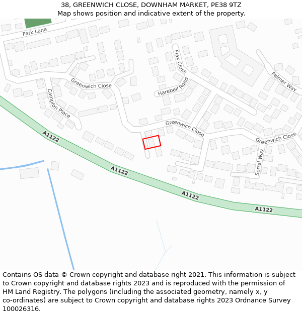 38, GREENWICH CLOSE, DOWNHAM MARKET, PE38 9TZ: Location map and indicative extent of plot