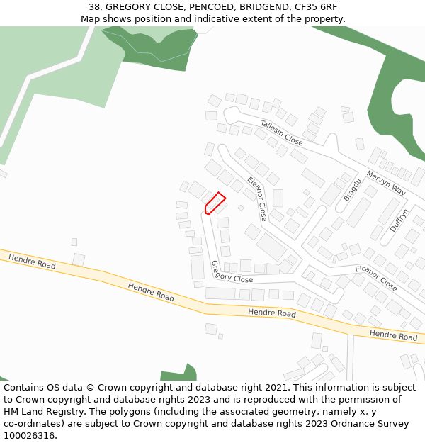 38, GREGORY CLOSE, PENCOED, BRIDGEND, CF35 6RF: Location map and indicative extent of plot