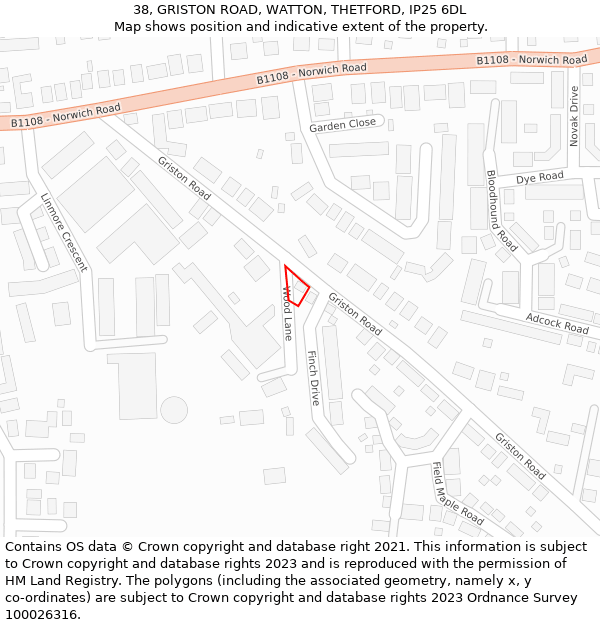 38, GRISTON ROAD, WATTON, THETFORD, IP25 6DL: Location map and indicative extent of plot