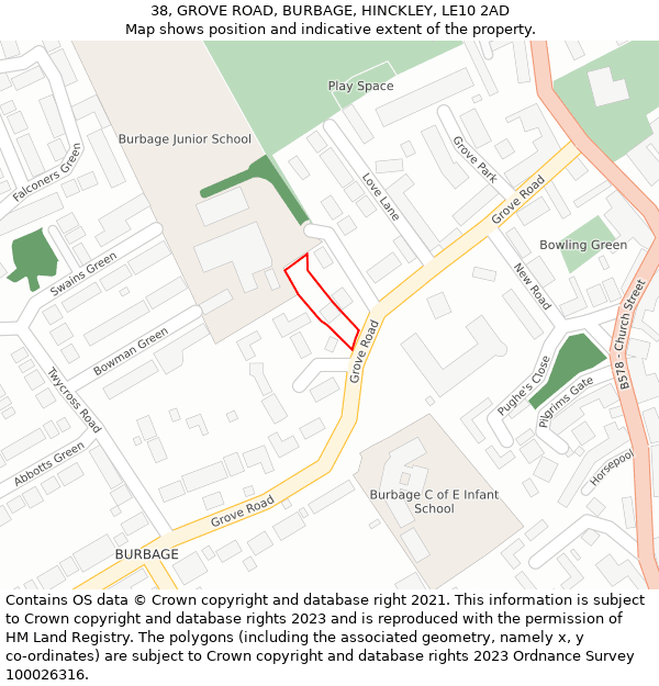 38, GROVE ROAD, BURBAGE, HINCKLEY, LE10 2AD: Location map and indicative extent of plot