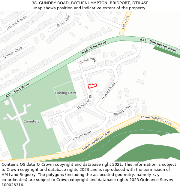 38, GUNDRY ROAD, BOTHENHAMPTON, BRIDPORT, DT6 4SF: Location map and indicative extent of plot