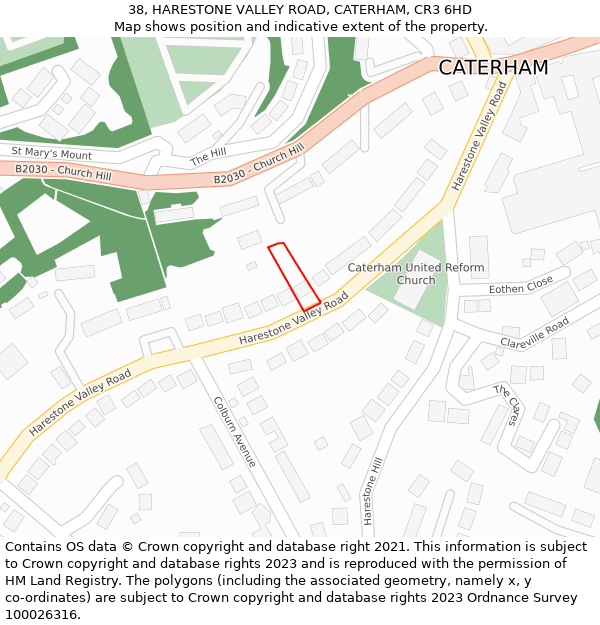 38, HARESTONE VALLEY ROAD, CATERHAM, CR3 6HD: Location map and indicative extent of plot