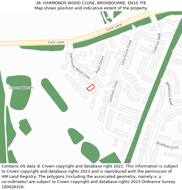 38, HARMONDS WOOD CLOSE, BROXBOURNE, EN10 7FE: Location map and indicative extent of plot
