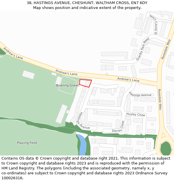 38, HASTINGS AVENUE, CHESHUNT, WALTHAM CROSS, EN7 6DY: Location map and indicative extent of plot