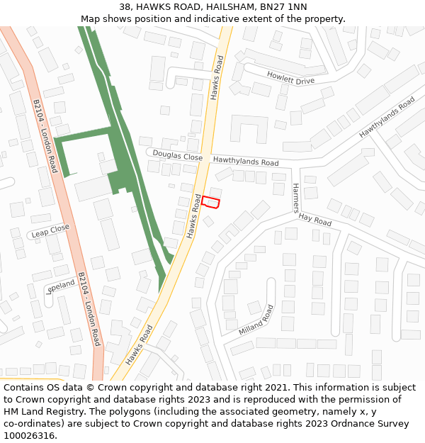 38, HAWKS ROAD, HAILSHAM, BN27 1NN: Location map and indicative extent of plot