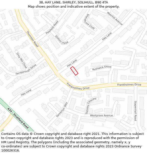 38, HAY LANE, SHIRLEY, SOLIHULL, B90 4TA: Location map and indicative extent of plot