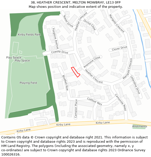 38, HEATHER CRESCENT, MELTON MOWBRAY, LE13 0FP: Location map and indicative extent of plot