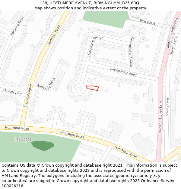 38, HEATHMERE AVENUE, BIRMINGHAM, B25 8RQ: Location map and indicative extent of plot