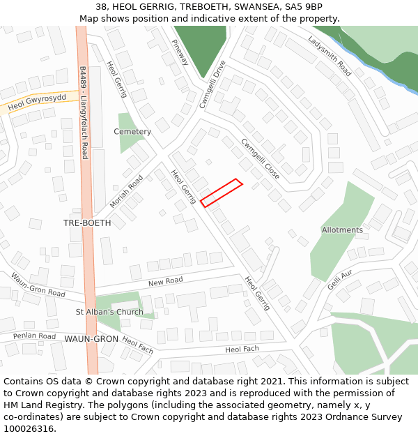 38, HEOL GERRIG, TREBOETH, SWANSEA, SA5 9BP: Location map and indicative extent of plot